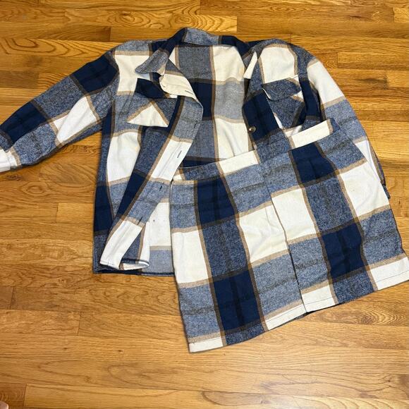 Shein Curve Womens 1XL Blue White Flannel Checker Button Down Skirt Matching Set - Picture 1 of 13